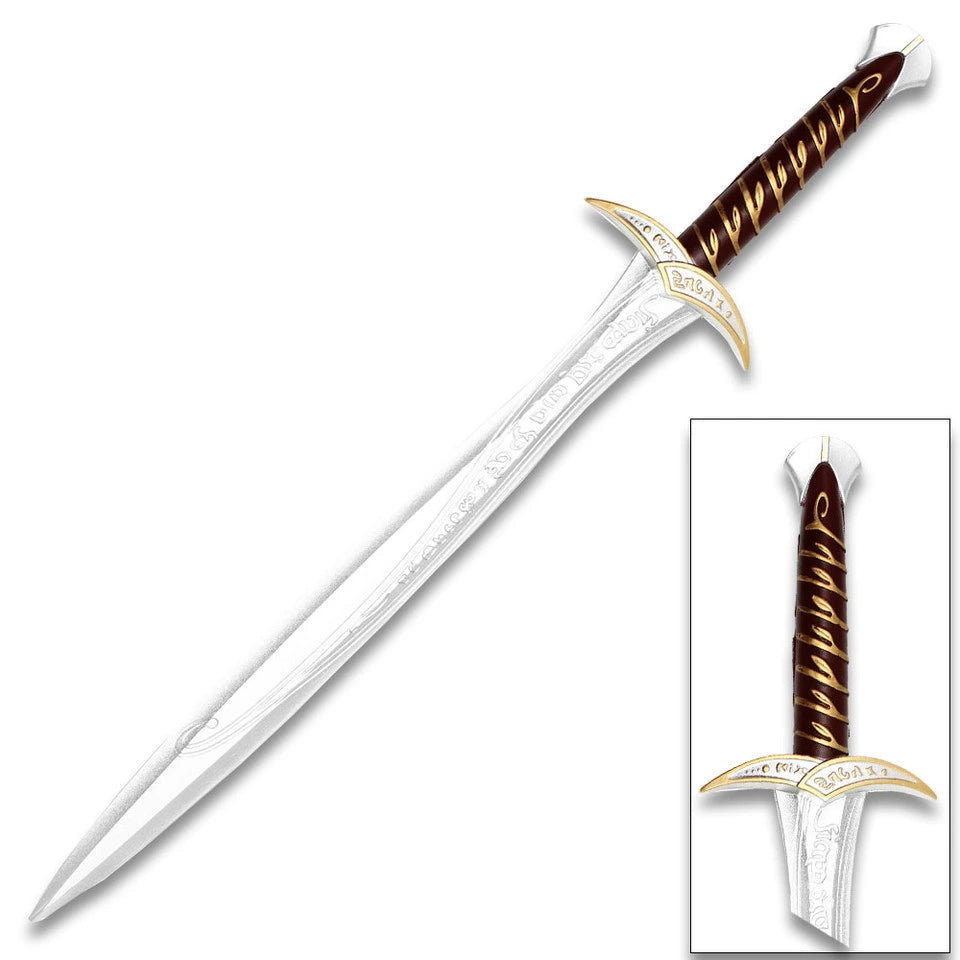 Full-length Bilbo Sting Foam Sword Lord of the Rings display collectible featuring lightweight premium PU foam construction, reinforced support core, decorative display finish, elegant fantasy styling, and collector-grade presentation for conventions, cosplay photography, fantasy rooms, and collector showcases.