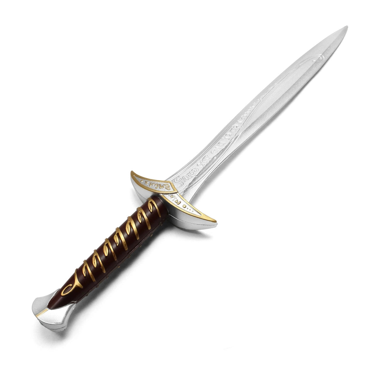 Close-up of the Bilbo Sting Foam Sword Lord of the Rings display collectible showcasing intricate Elven-inspired engravings, premium textured ergonomic handle, metallic-inspired decorative finish, high-density PU foam construction, and detailed fantasy craftsmanship inspired by Middle-earth.