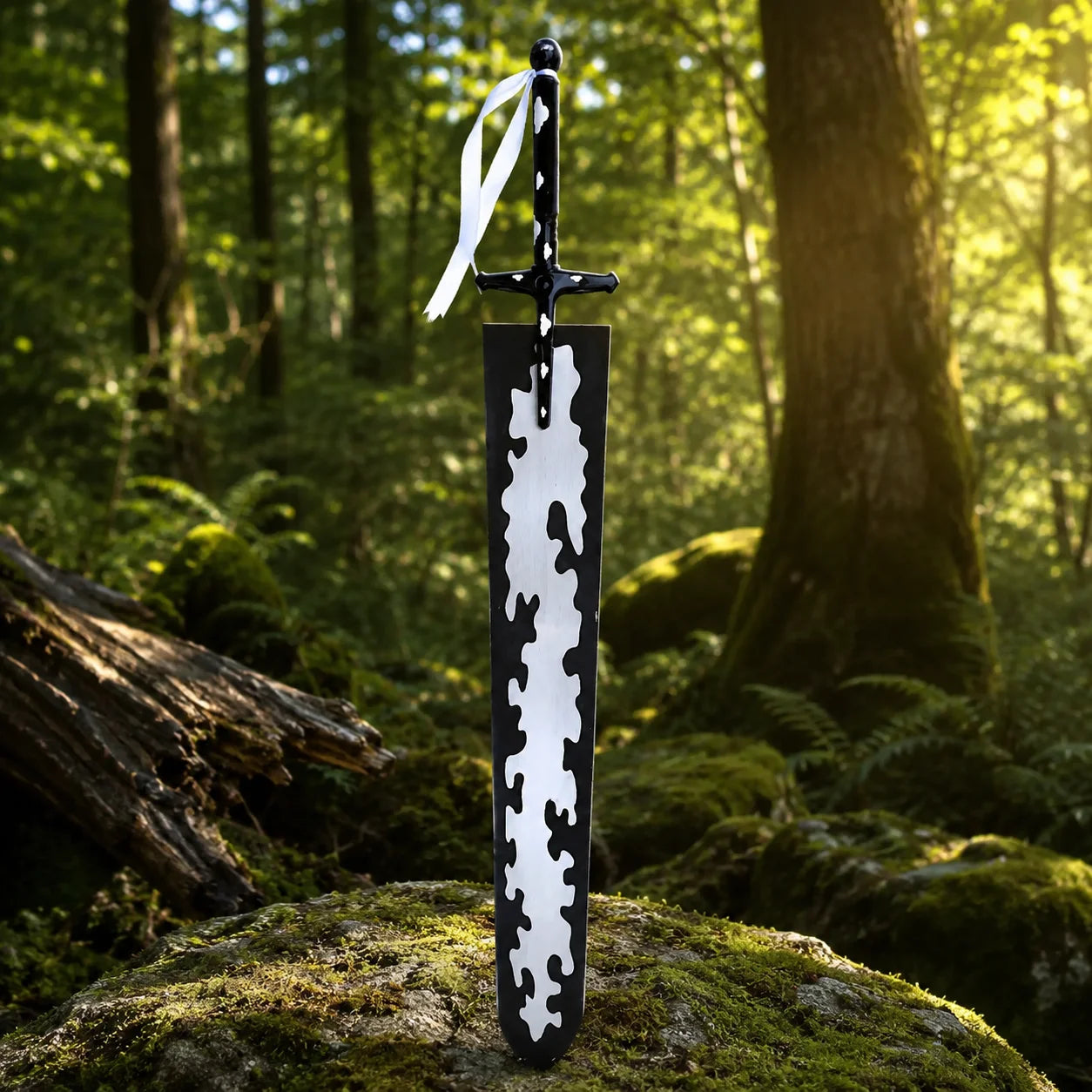 Black Clover Asta Demon Dweller Sword display collectible – full view standing upright in forest setting