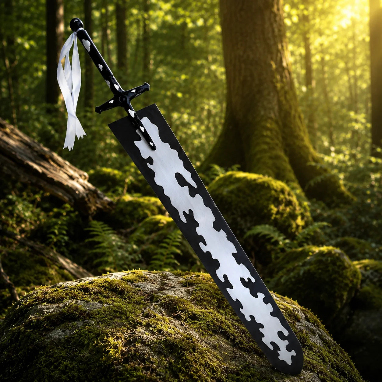 Asta Black Clover prop replica sword laid flat on mossy rock – black and silver display finish