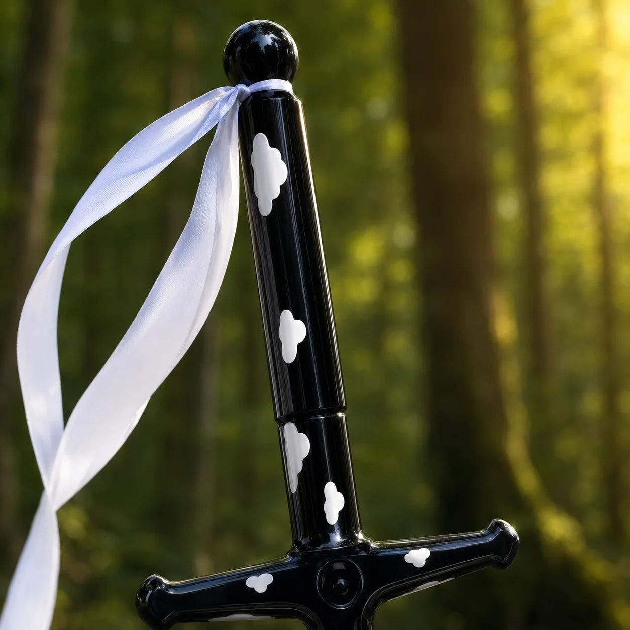Black Clover Asta sword collectible standing on mossy rock in forest – anime display prop replica