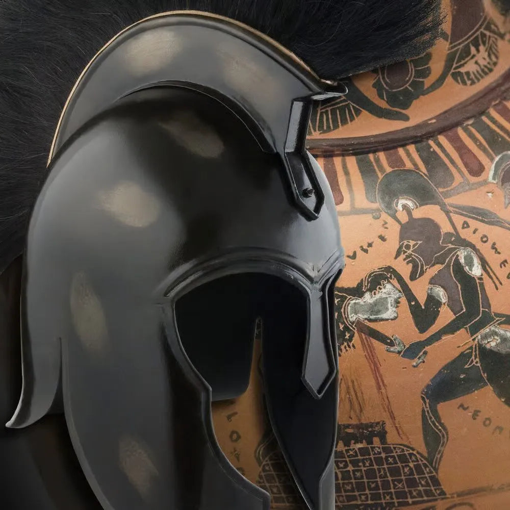 Black Corinthian Trojan helmet displayed as ancient warrior tribute