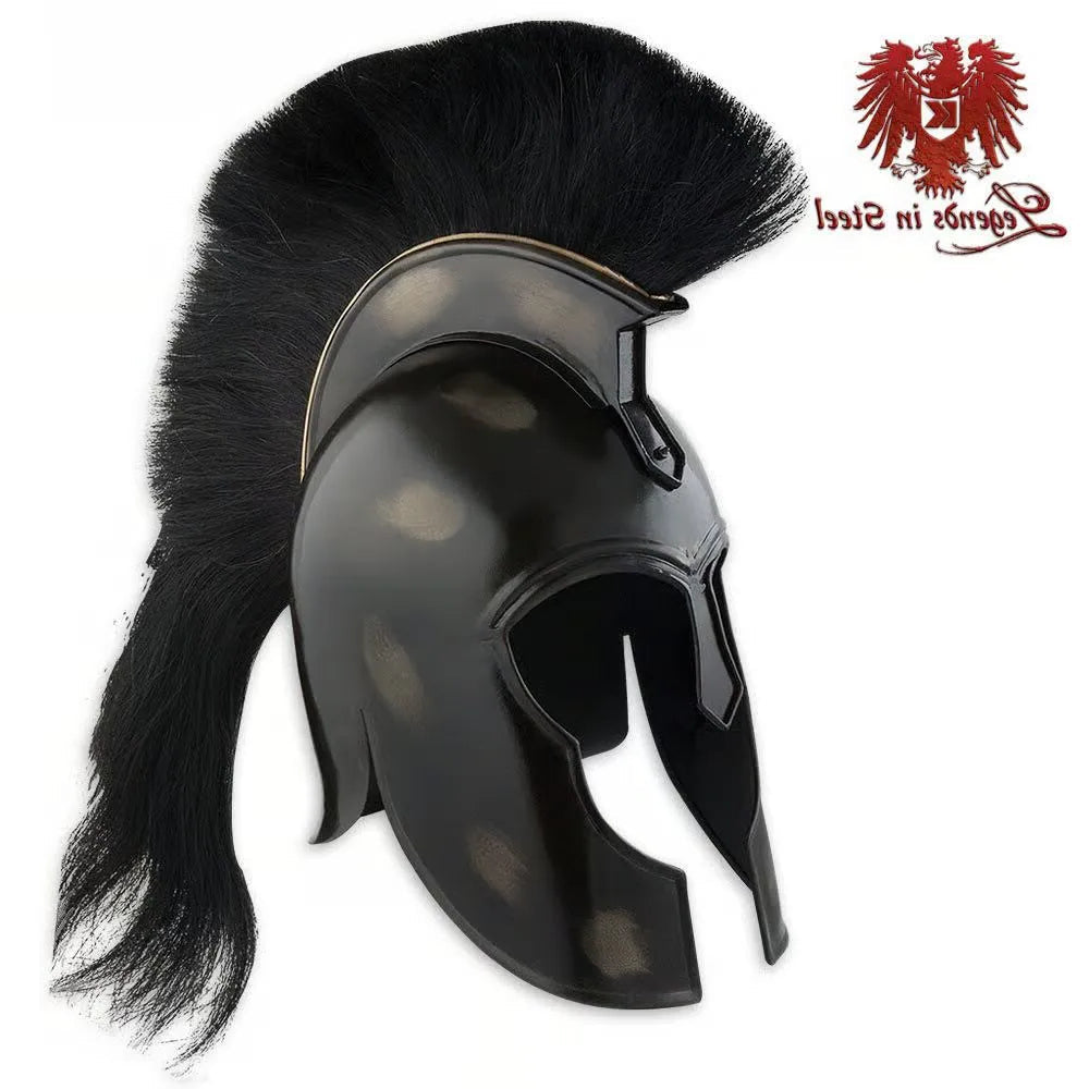 Black Corinthian Trojan helmet displayed as ancient warrior tribute