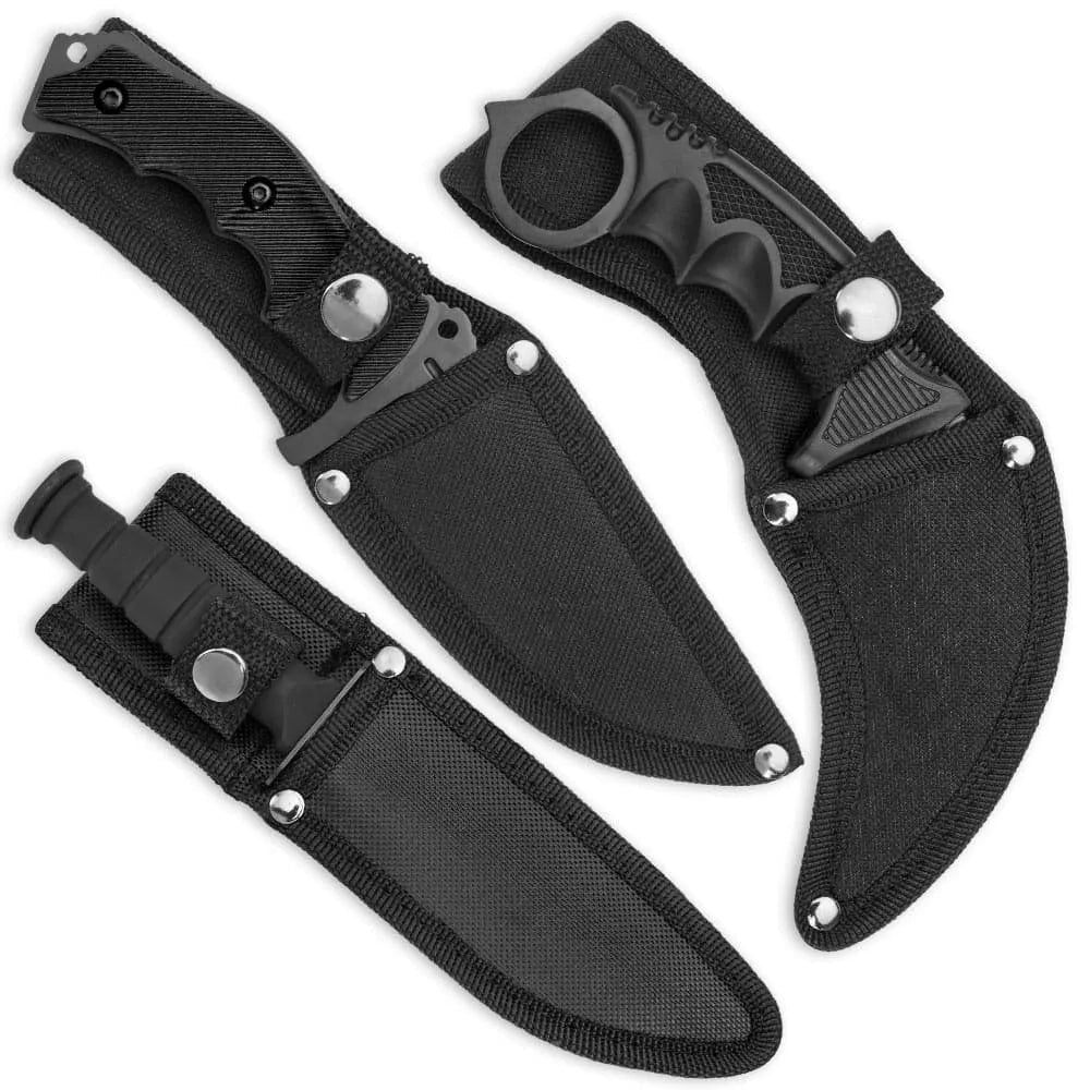 Black Legion triple knife set with karambit, huntsman, fixed blade in nylon sheaths for EDC