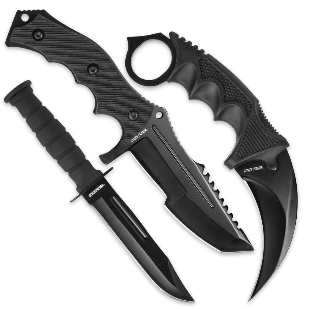 Black Legion triple knife set with karambit, huntsman, fixed blade in nylon sheaths for EDC