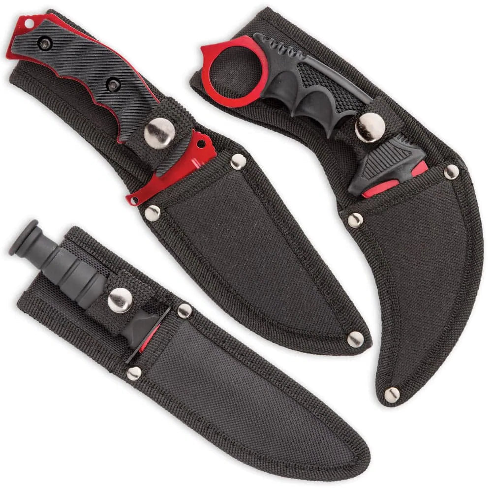 Black Legion triple knife set with karambit, huntsman, fixed blade in nylon sheaths for EDC