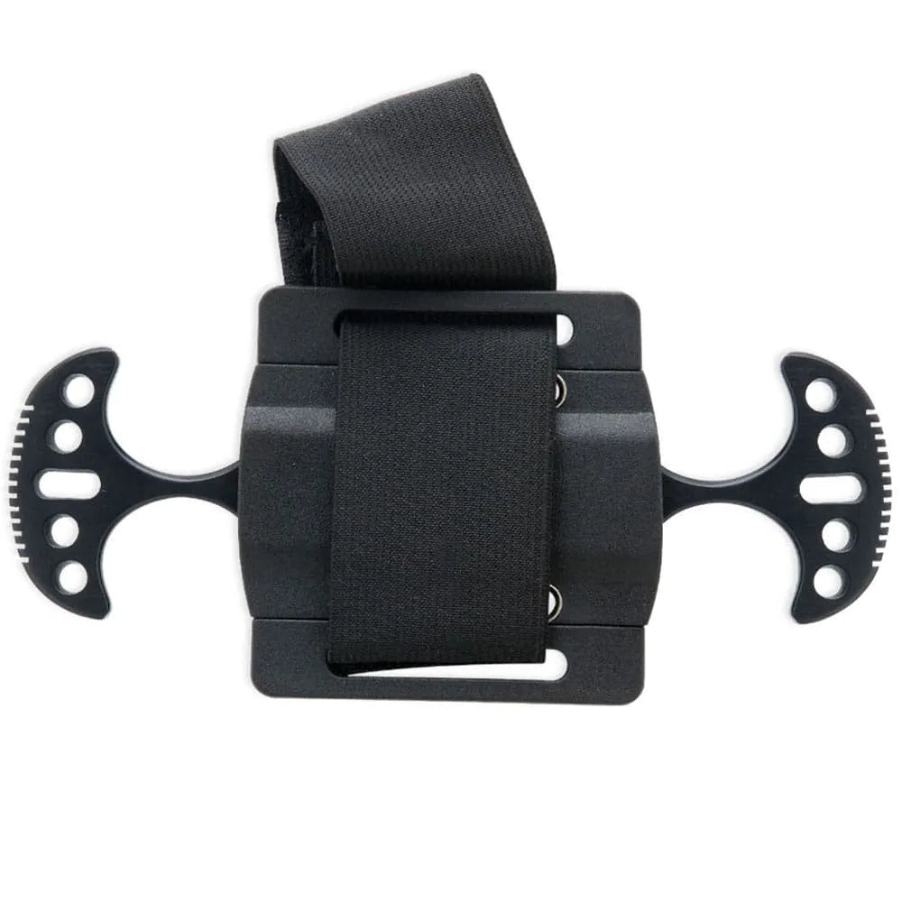 Pair of black twin push daggers showing 2 inch stainless steel blades and curved handles