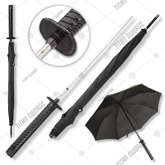 Premium Black Umbrella Sword - Hidden Blade Cane with stainless steel.
