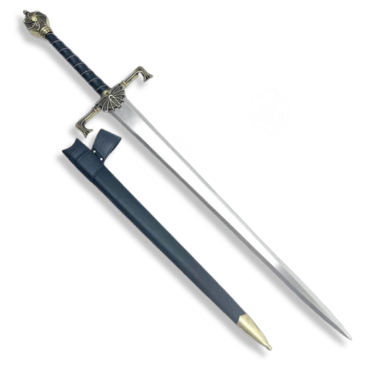 Blackfyre sword replica from House of the Dragon – Valyrian steel Targaryen blade with dragon hilt, black leather scabbard, and ruby pommel | Official Game of Thrones collectible for cosplay and display