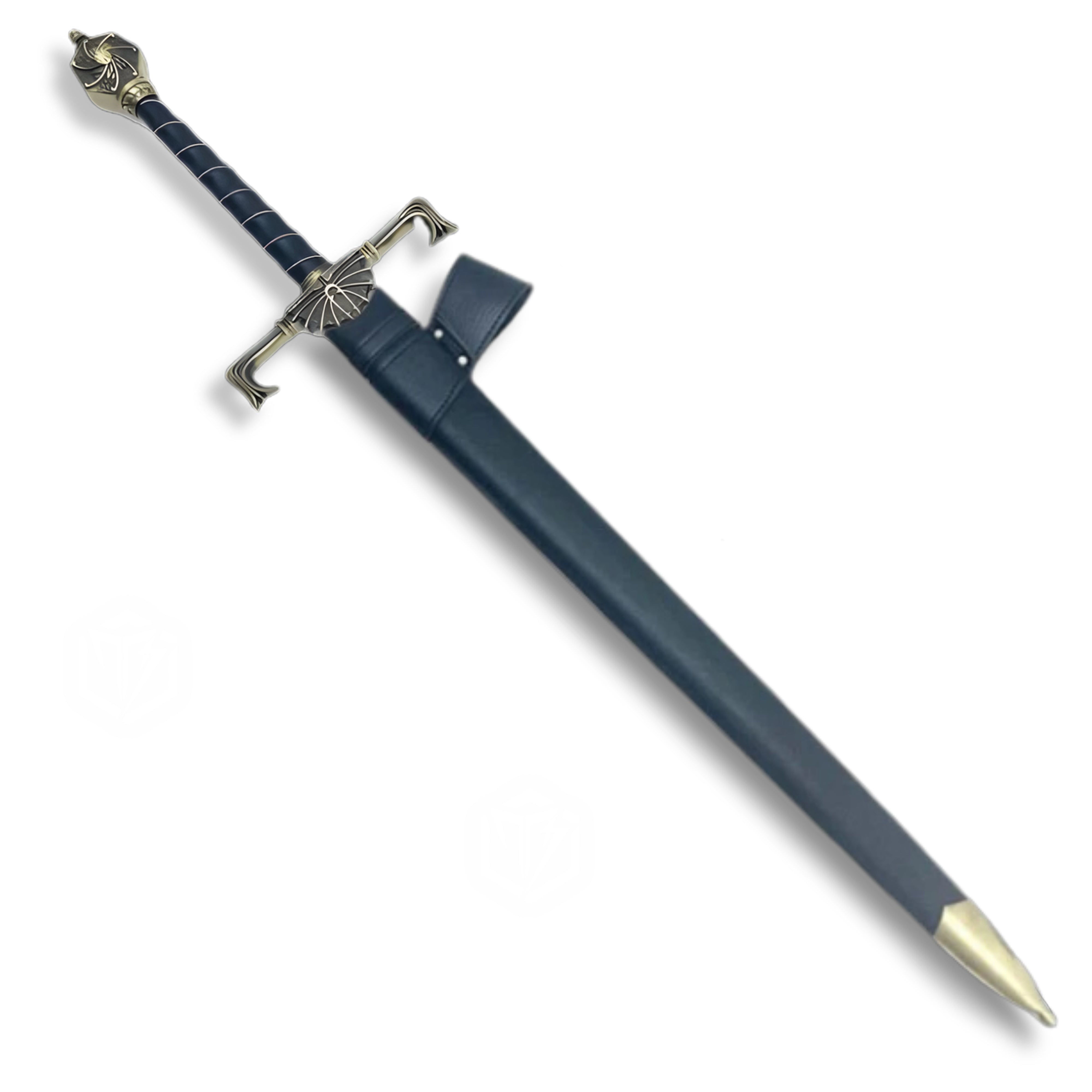 Blackfyre sword replica from House of the Dragon – Valyrian steel Targaryen blade with dragon hilt, black leather scabbard, and ruby pommel | Official Game of Thrones collectible for cosplay and display