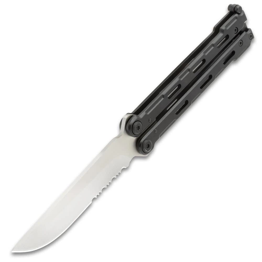 BlackWing Precision Butterfly Knife - 440C Stainless Steel Blade, Black Stainless Steel Handle with Pocket Clip and Nylon Pouch