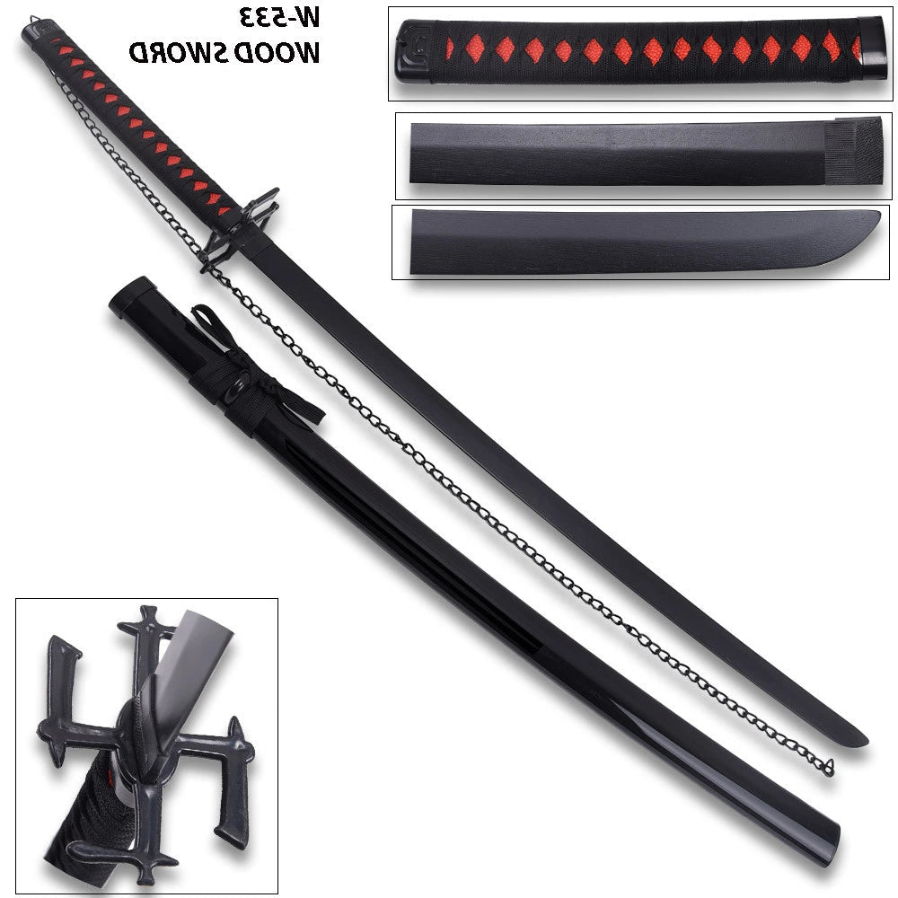 Anime-inspired Bleach Ichigo Kurosaki Bankai display collectible featuring premium wooden construction, black decorative finish and matching plastic scabbard for cosplay photography and fan collections