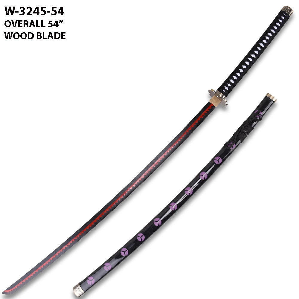 Shusui Wood Katana One Piece collectible inspired by Roronoa Zoro featuring premium wooden craftsmanship, decorative black finish, matching plastic scabbard, and detailed anime styling for collectors and cosplay enthusiasts.