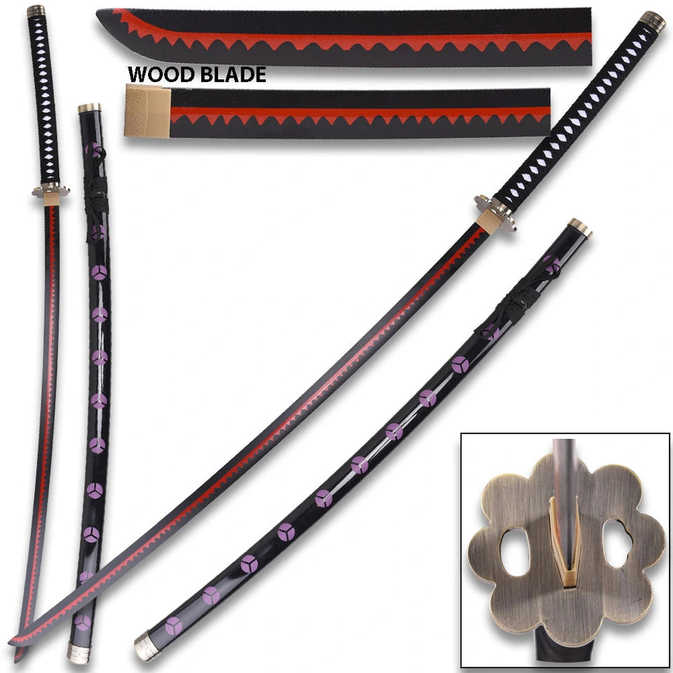 Close-up image of the Shusui Wood Katana One Piece collectible highlighting the traditional wrapped handle, decorative guard, premium wooden construction, and collector-quality craftsmanship inspired by Roronoa Zoro.