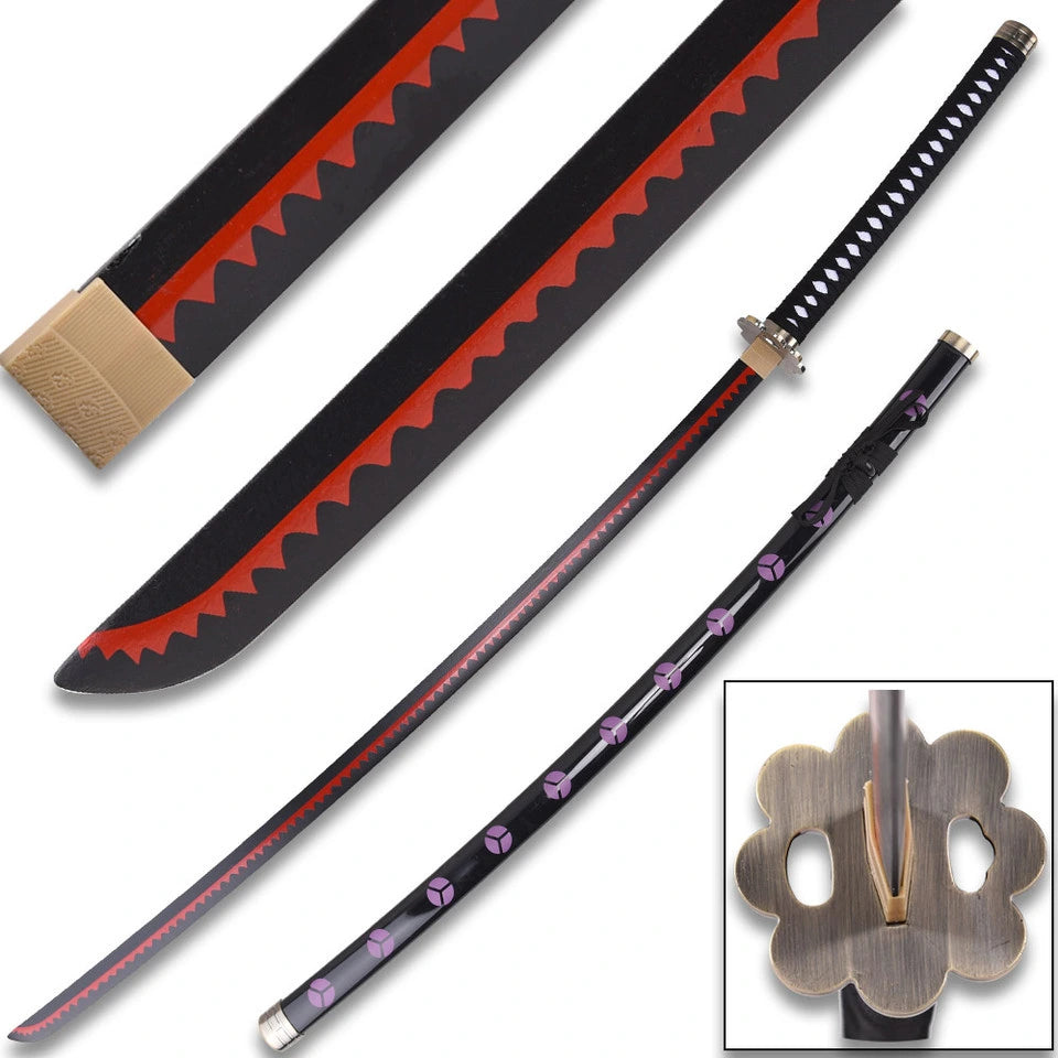 Full-length Shusui Wood Katana collectible inspired by One Piece displayed with matching plastic scabbard, showcasing decorative black finish, premium wooden craftsmanship, and anime display quality for collectors.