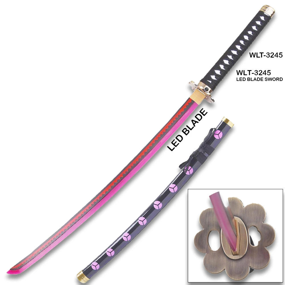 Bleach Ichigo Kurosaki Zangetsu LED katana showing blade, scabbard with pink floral motifs, and flower-shaped tsuba guard, multi-angle display
