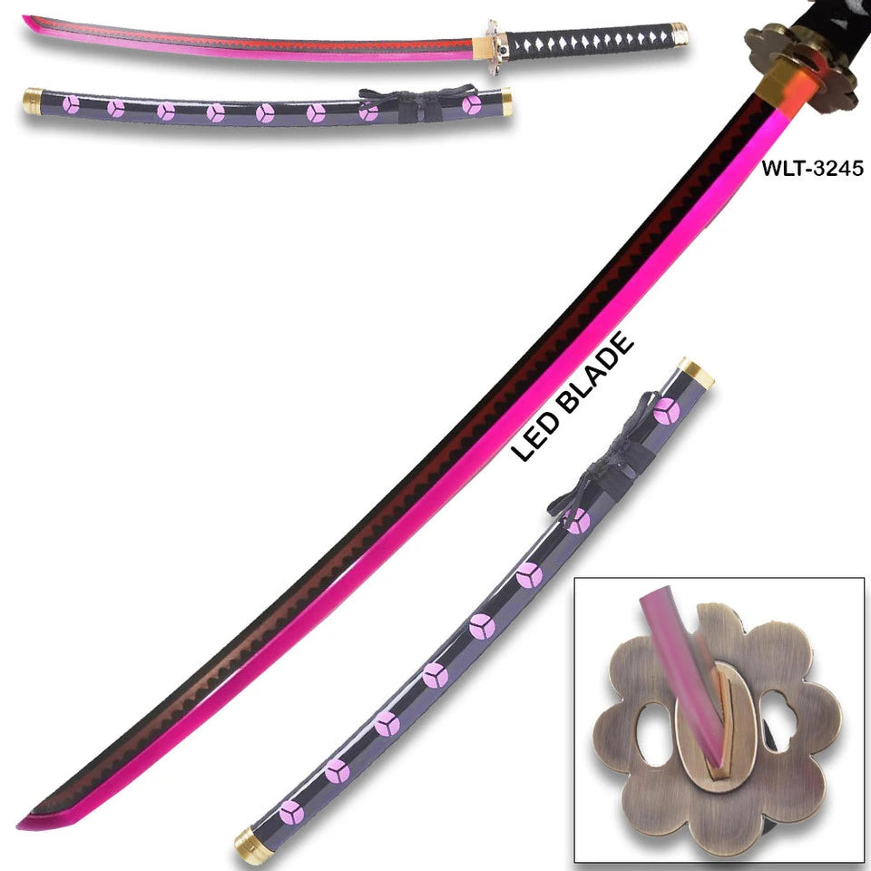 Zangetsu LED katana cosplay prop with glowing pink blade, black handle wrap, and dark purple scabbard with pink circular emblems