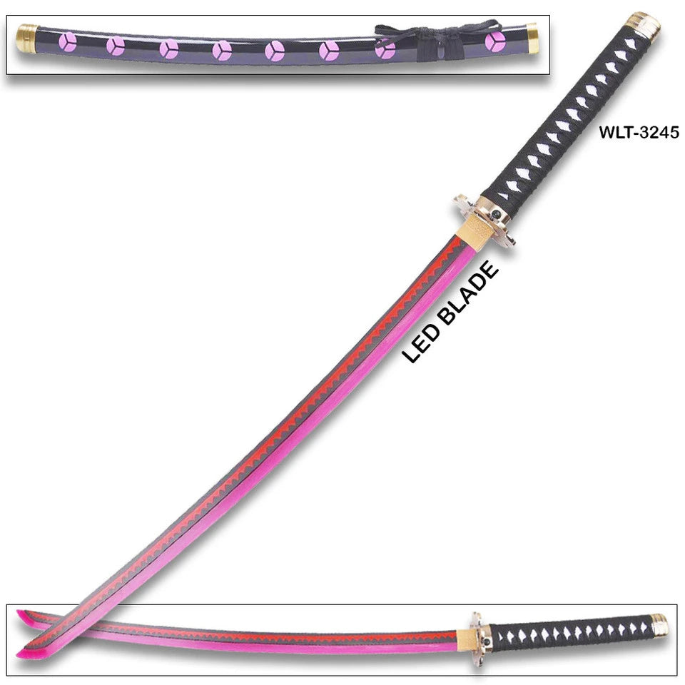WLT-3245 Bleach Zangetsu LED blade sword replica with pink illuminated blade, black tsuka handle, and purple saya scabbard for cosplay display