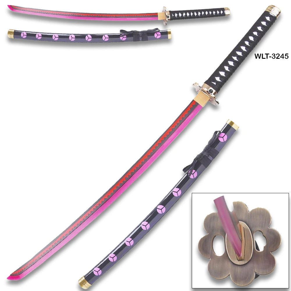 Bleach Ichigo Kurosaki Zangetsu LED katana replica with pink LED blade and purple scabbard, full sword view on white background