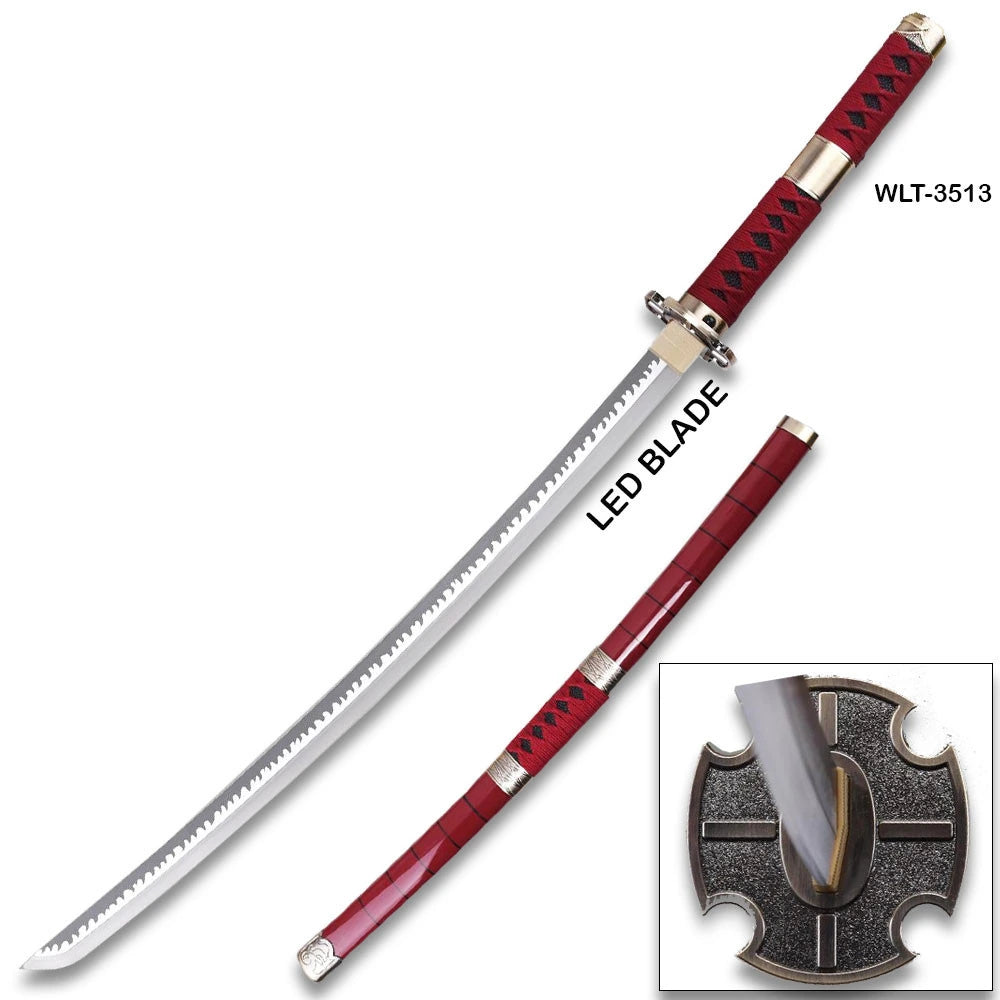 Bleach Renji Abarai Zabimaru LED katana with red cord-wrapped handle, serrated blade, and red lacquered scabbard on white background – WLT-3513