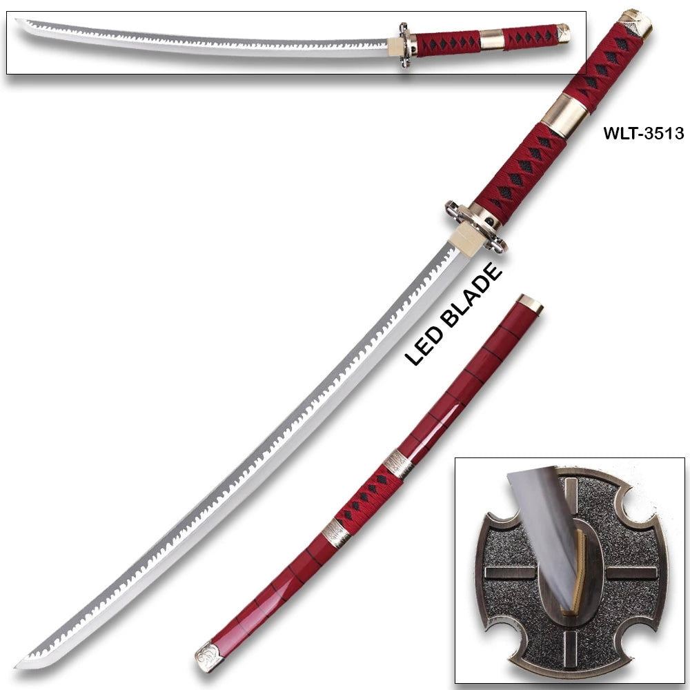 Zabimaru LED katana replica showing full blade length with serrated spine, red tsuka wrapping with diamond pattern, and matching red saya – WLT-3513