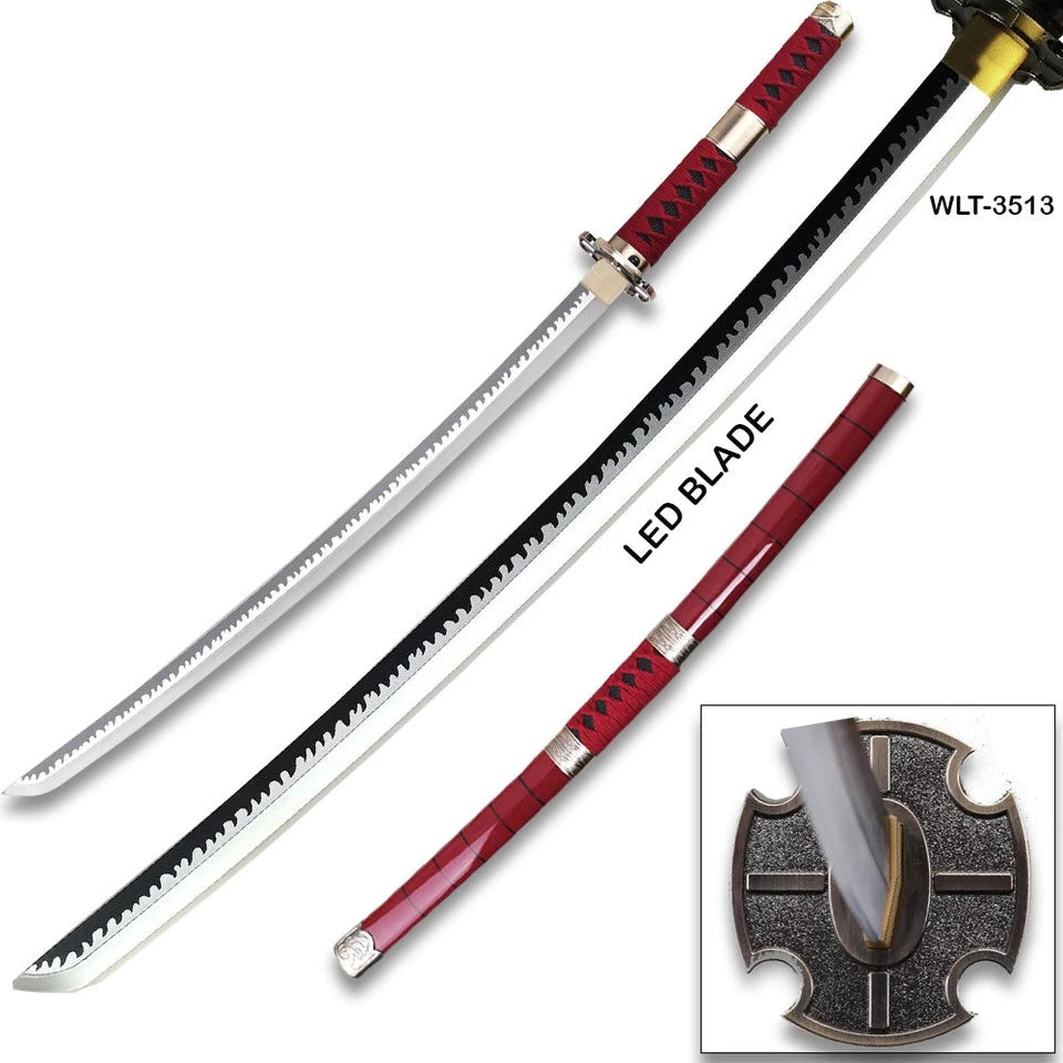 Zabimaru LED katana with black illuminated blade variant and red handle wrap displayed alongside red scabbard – WLT-3513 anime cosplay prop