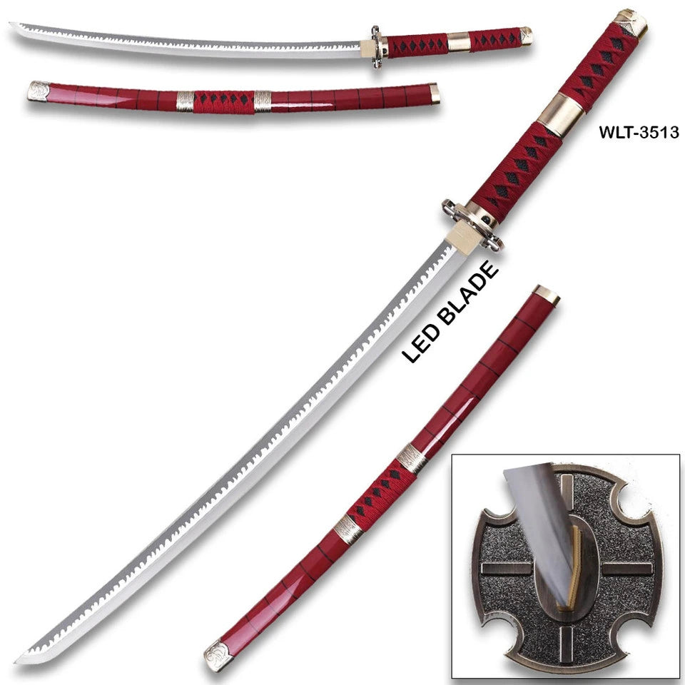 Full set view of Bleach Zabimaru LED katana WLT-3513 showing unsheathed blade, red scabbard, and decorative cross-shaped display stand