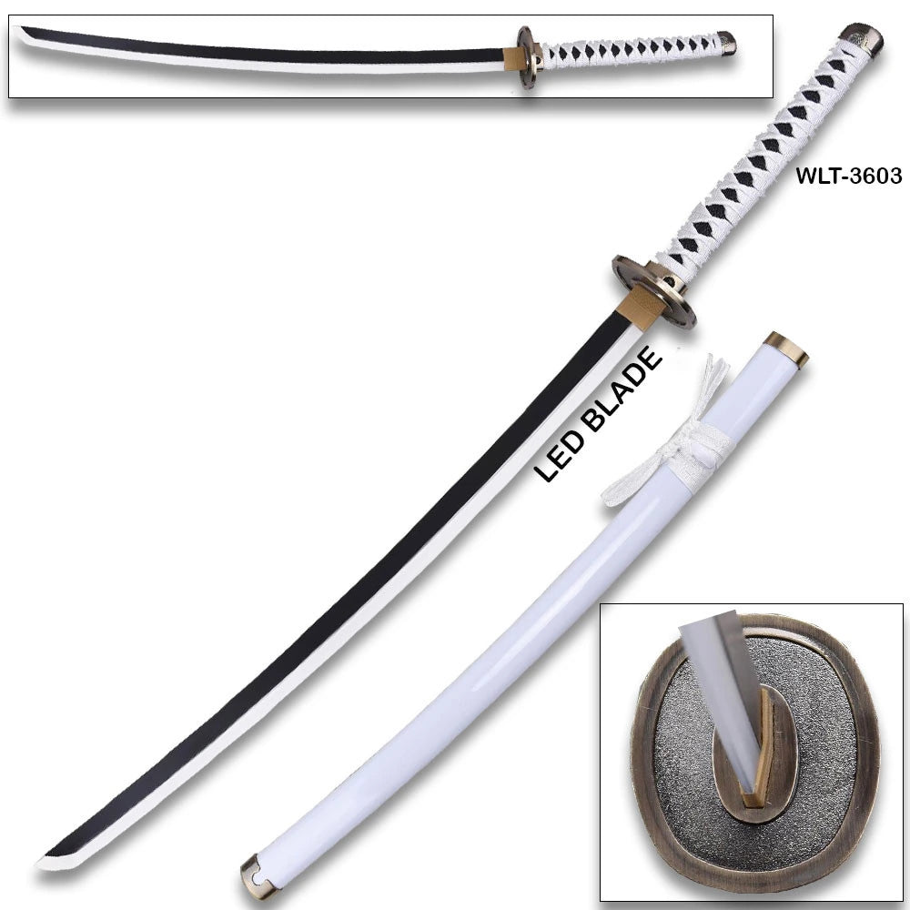 Bleach Rukia Kuchiki Sode No Shirayuki LED katana variant with black blade, yellow tsuba accent, and white scabbard shown on white background