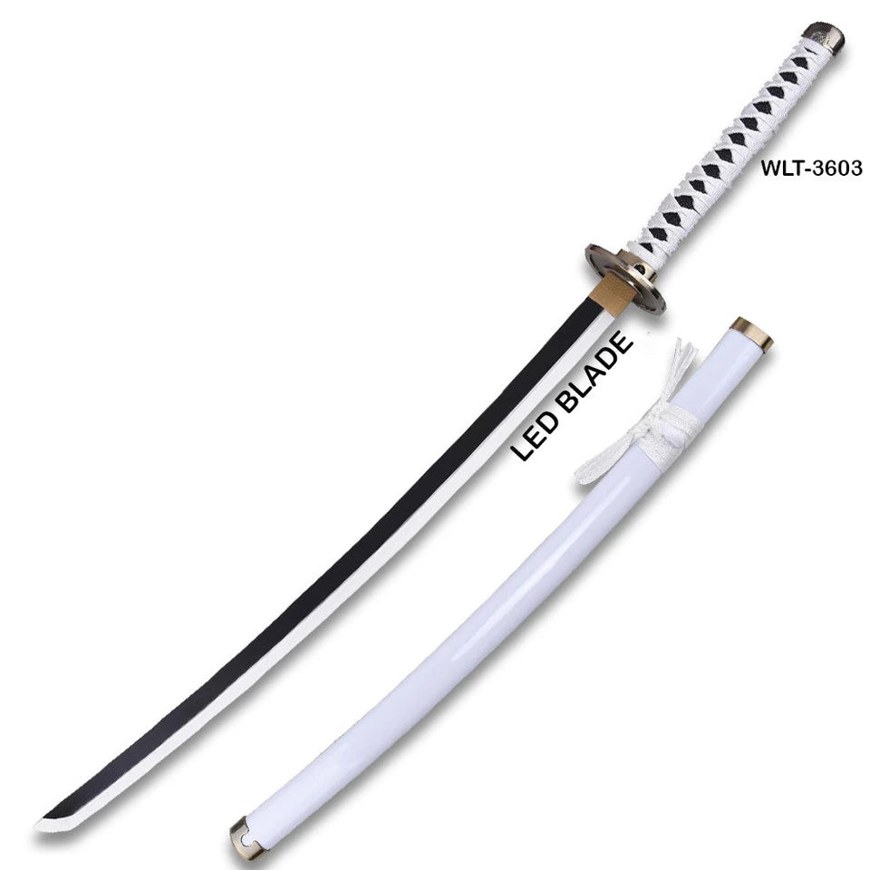 Diagonal pose of Bleach Sode No Shirayuki LED katana with white diamond-pattern handle wrap, round tsuba, and white scabbard with tsuba closeup inset
