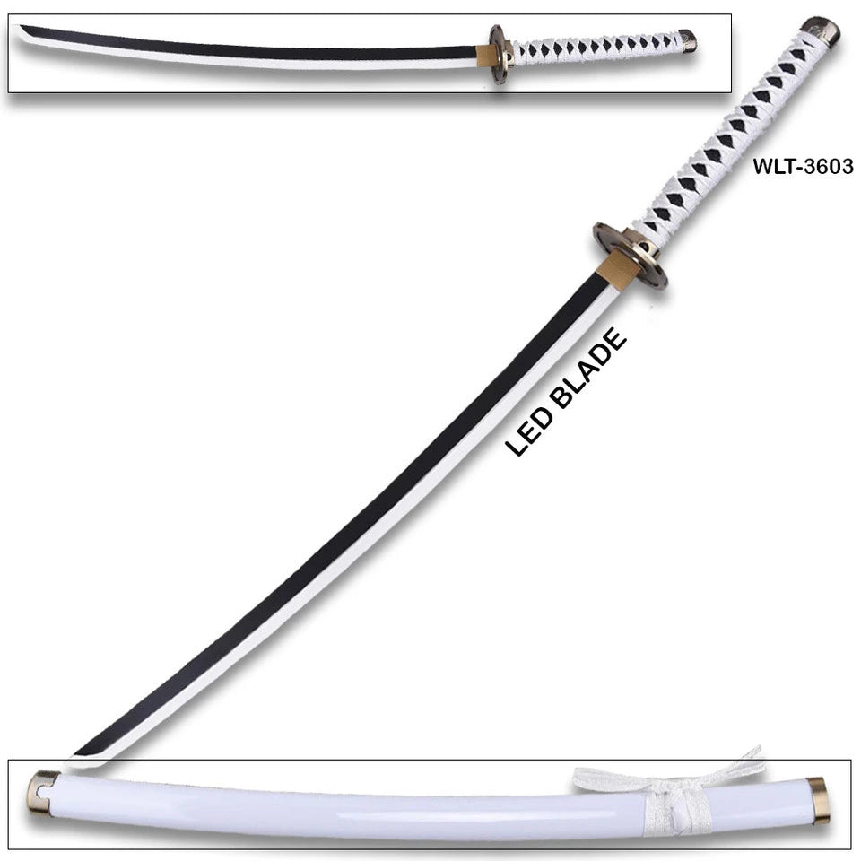 Angled display of Bleach Rukia Zanpakuto Sode No Shirayuki LED katana showing blade, handle wrap, and white scabbard with blade close-up inset