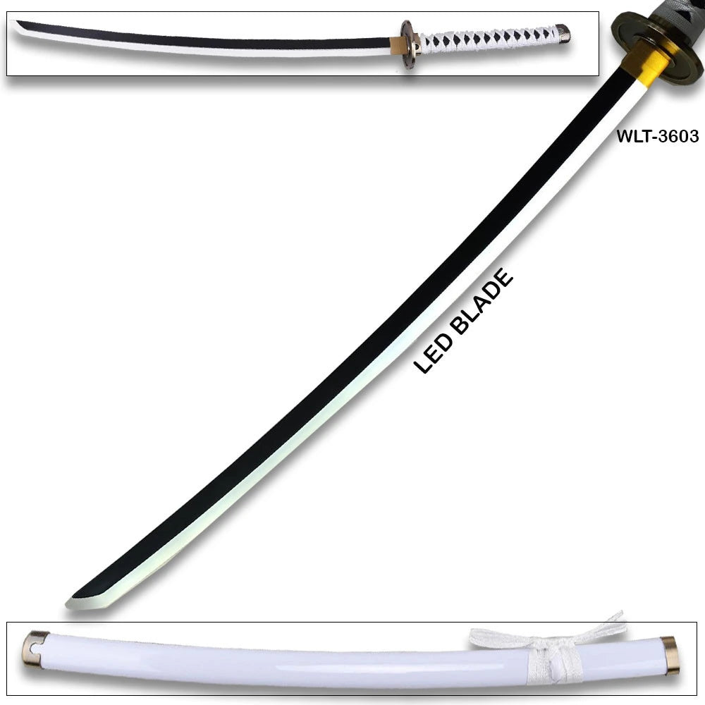 Full-length side view of Bleach Sode No Shirayuki LED katana with white ito-wrapped handle and white scabbard on white background