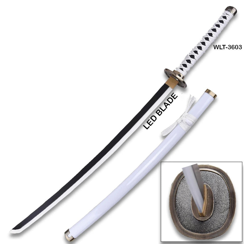 Bleach Rukia Kuchiki Sode No Shirayuki LED katana displayed with white scabbard and oval tsuba guard detail on white background
