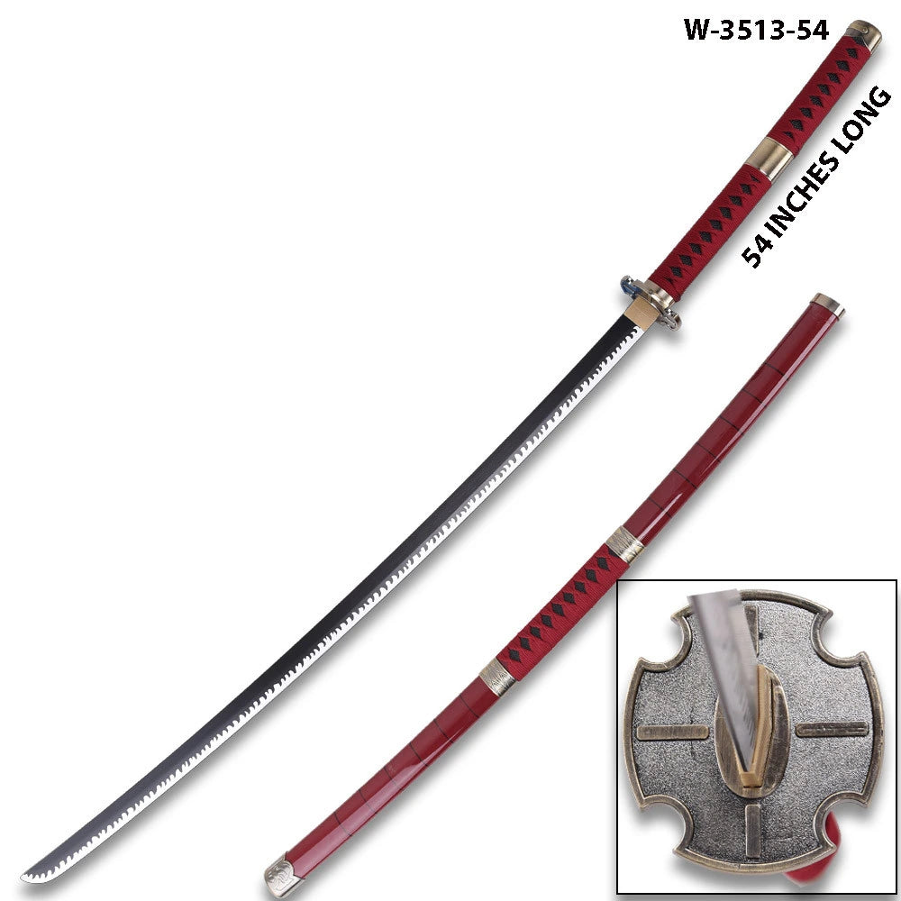 Premium Wado Ichimonji Wood Katana collectible positioned on a clean display background emphasizing the beautifully finished wooden blade, detailed white handle wrapping, decorative guard, and collector-ready craftsmanship inspired by One Piece.