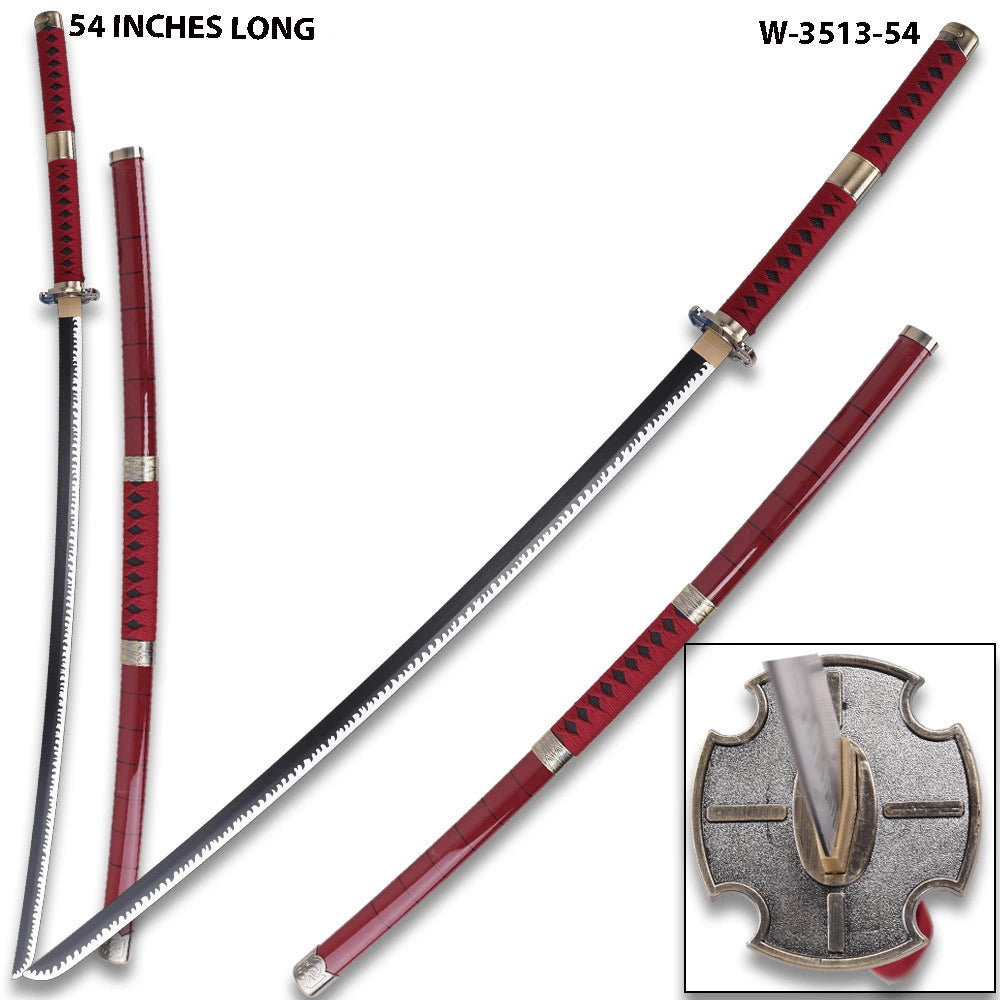 Full-length Wado Ichimonji Wood Katana One Piece collectible displayed with its matching white plastic scabbard, showcasing premium wooden craftsmanship, decorative finish, elegant styling, and display-quality presentation for anime collectors.