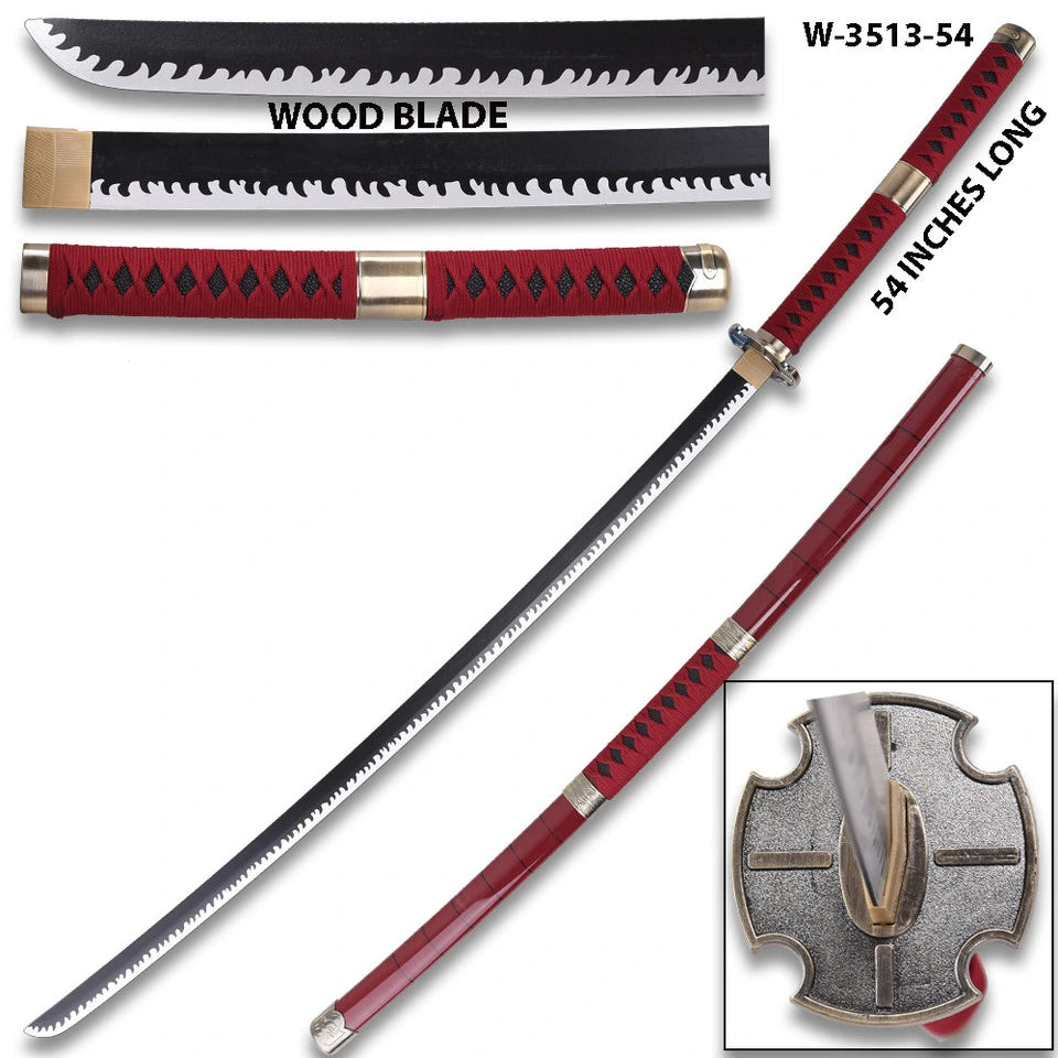 Close-up image of the Wado Ichimonji Wood Katana collectible highlighting the traditional white wrapped handle, decorative guard, premium wooden construction, and collector-quality craftsmanship inspired by Roronoa Zoro from One Piece.