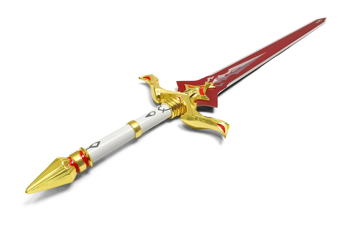 Close-up of the Bloodtainted Greatsword display collectible showcasing intricate engraved patterns, bold fantasy blade styling, decorative crimson accents, textured ergonomic handle, and premium collector craftsmanship inspired by Genshin Impact.