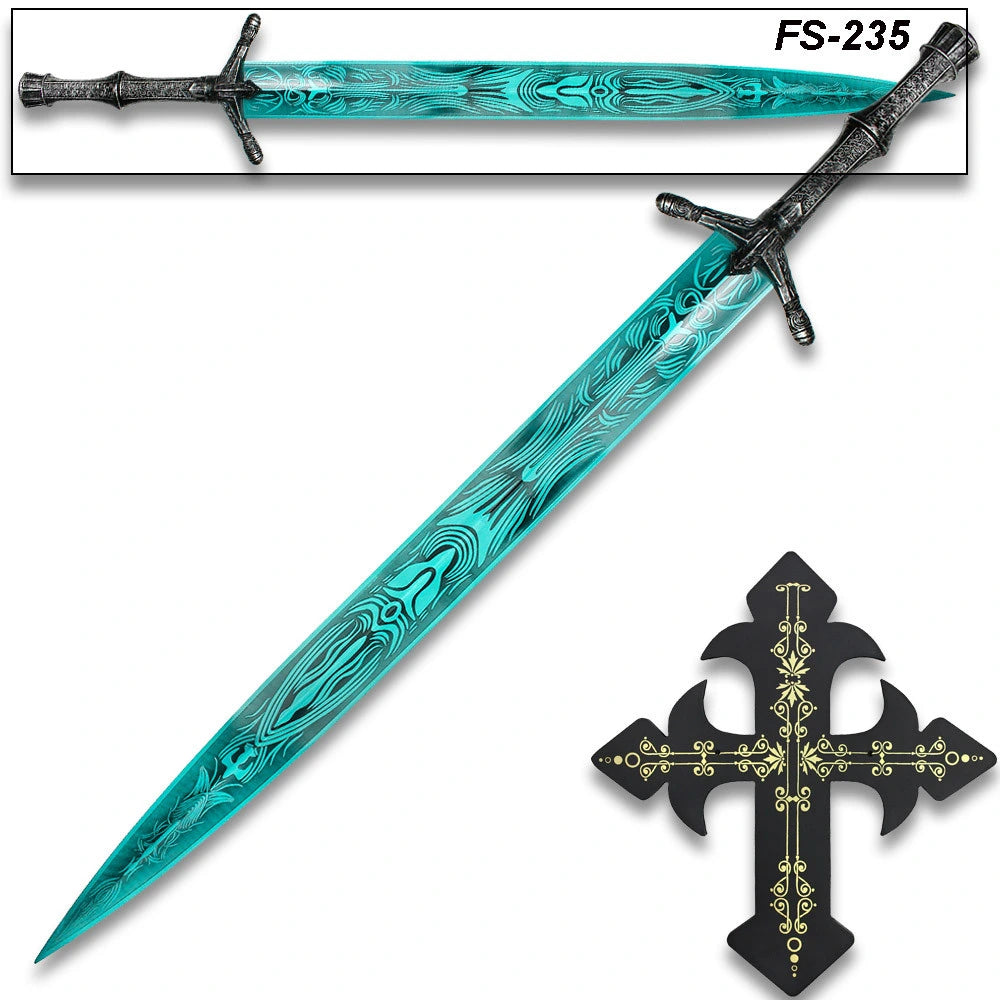 Close-up of the Blue Greatsword Two-Hand display collectible highlighting the engraved crystal-blue blade, decorative fantasy crossguard, detailed two-handed grip, premium stainless steel construction, and collector-focused craftsmanship for gaming room décor and cosplay displays.