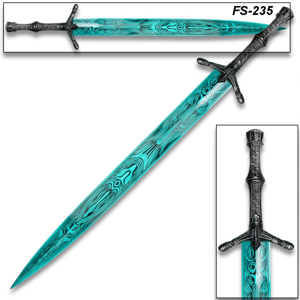 Full-length Blue Greatsword Two-Hand display collectible showcasing an oversized fantasy-inspired blade with a crystal-blue display finish, premium stainless steel construction, decorative handle, and exceptional craftsmanship for fantasy RPG fans and collector displays.