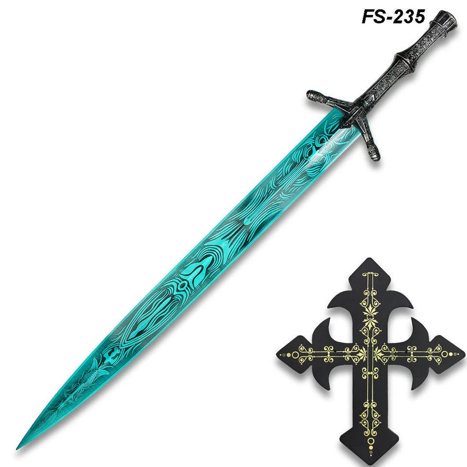 Blue Greatsword Two-Hand display collectible inspired by fantasy RPG adventures featuring premium stainless steel construction, crystal-blue decorative blade, engraved detailing, decorative crossguard, and collector-quality craftsmanship for gaming enthusiasts, cosplay displays, and fantasy collections.