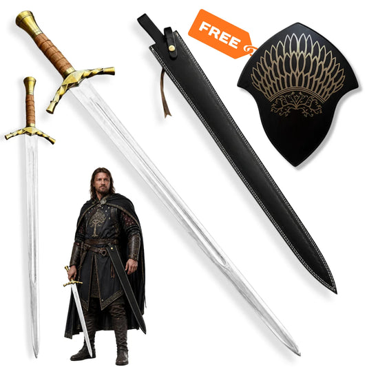 Boromir sword LOTR Gondor prop replica with black sheath and decorative Gondor wall display plaque