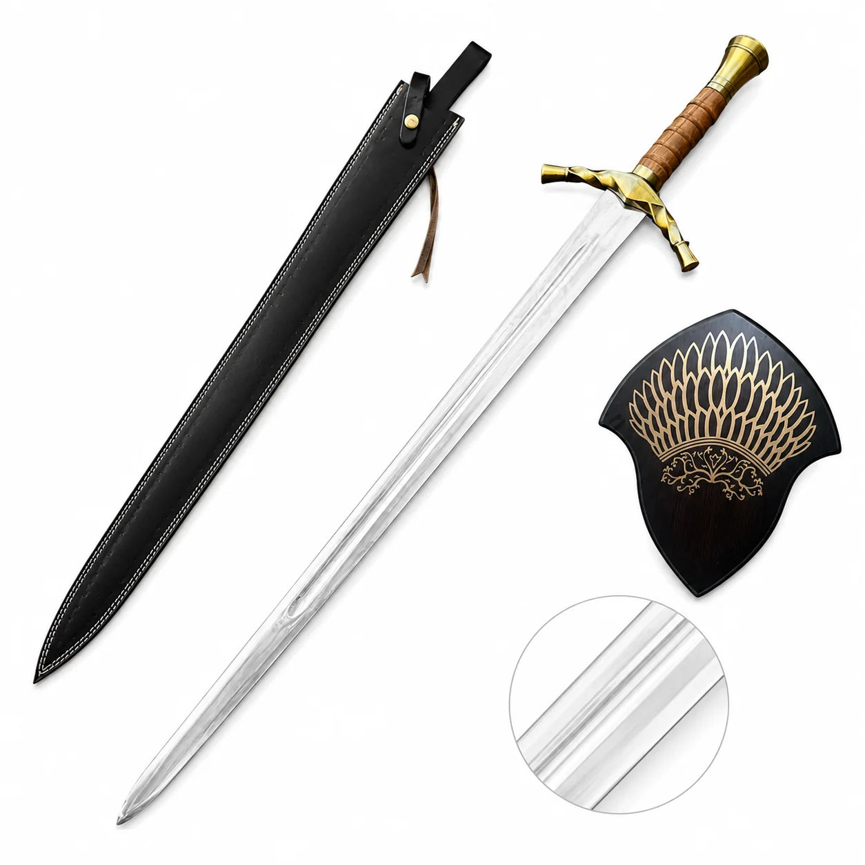 Boromir sword prop replica full length on mossy log with black leather scabbard twisted brass crossguard and brown leather ribbed grip – LOTR Gondor display collectible