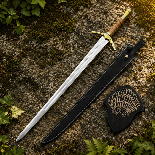 Close-up of Boromir sword prop replica twisted brass crossguard with capped quillon tips brown leather ribbed grip and brass pommel in golden forest bokeh – LOTR collectible