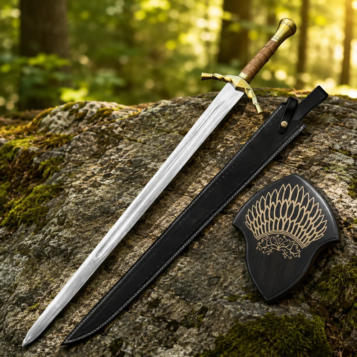 Boromir sword prop replica full length on mossy forest rock in golden bokeh showing complete brown leather ribbed grip brass pommel and polished silver blade – Tolkien LOTR collectible