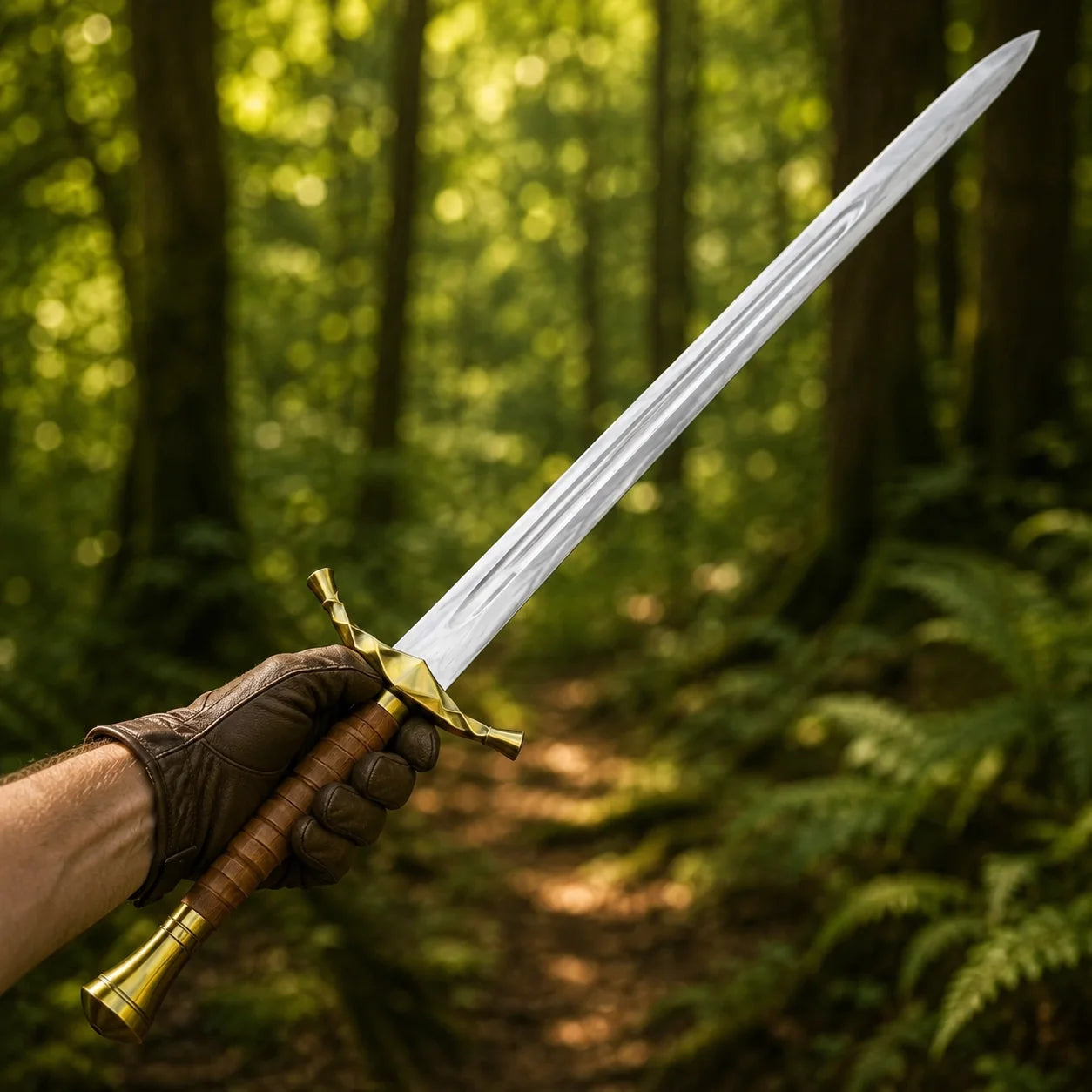 Boromir sword prop replica full length on mossy forest rock in golden bokeh showing twisted brass crossguard brown leather grip and long polished double fuller blade – LOTR Gondor fan gift