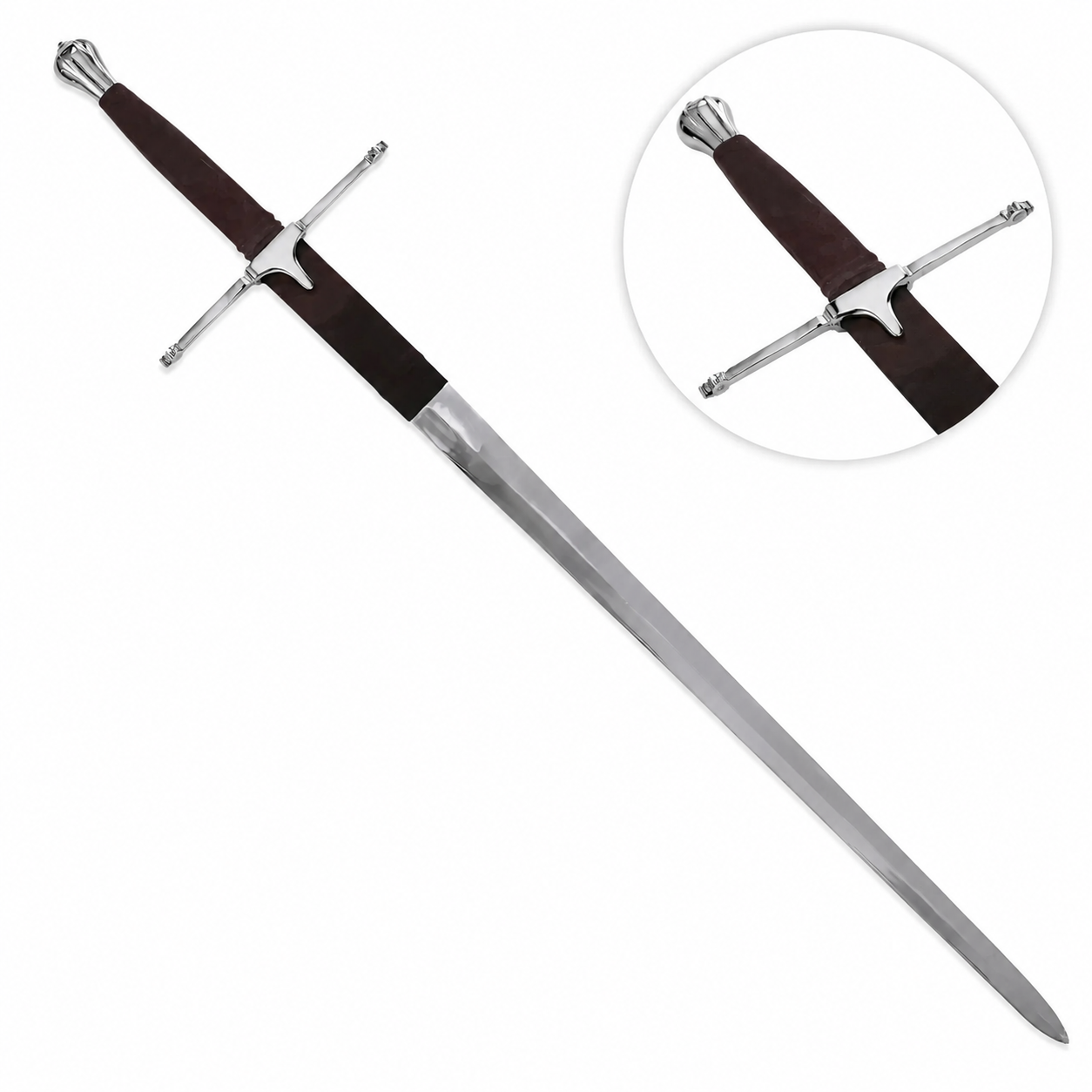 William Wallace Claymore prop replica full length display on mossy rock – Braveheart collectible