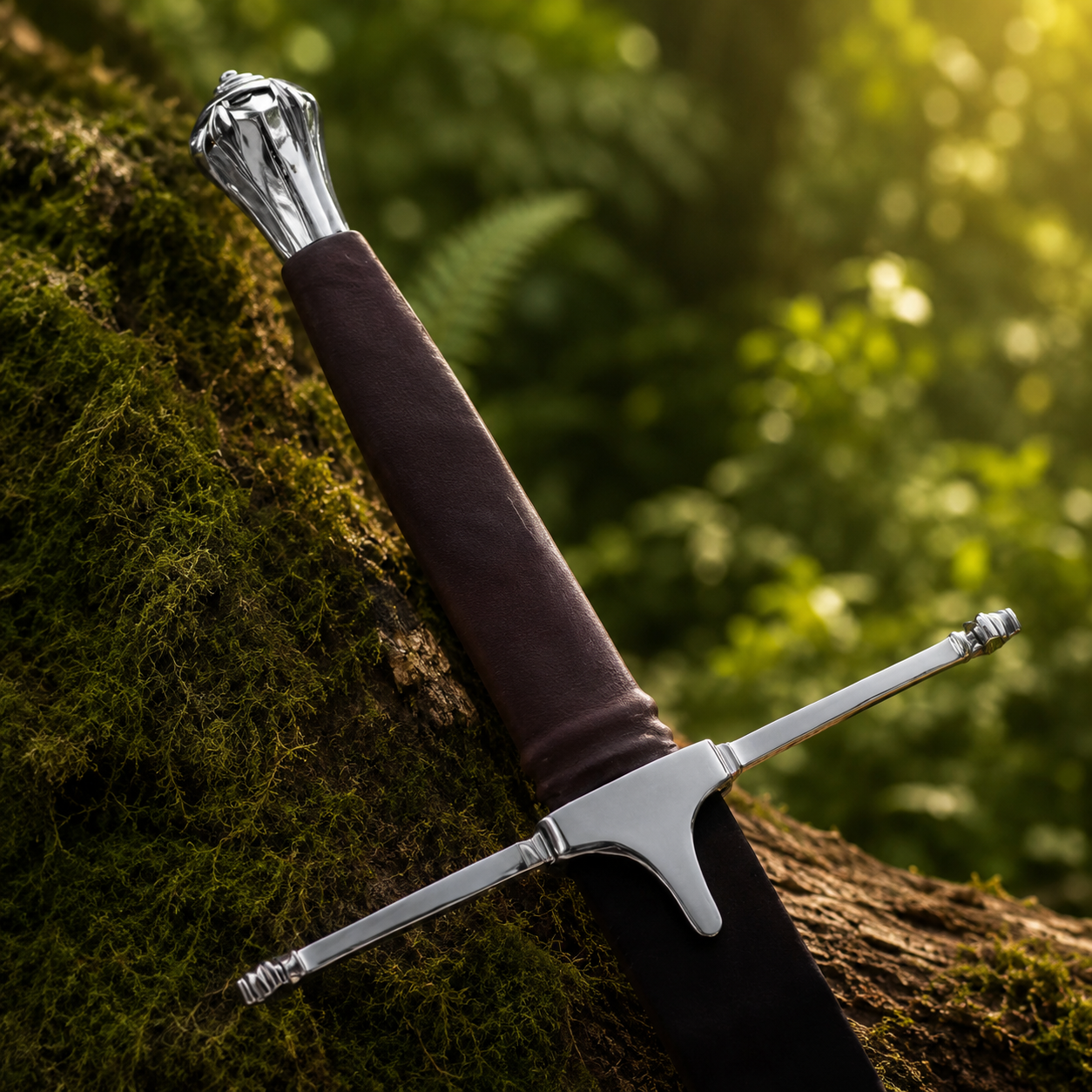 Braveheart William Wallace Scottish Claymore decorative prop replica leaning on mossy rock forest
