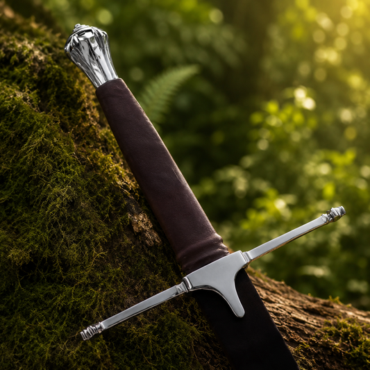 Braveheart William Wallace Scottish Claymore decorative prop replica leaning on mossy rock forest