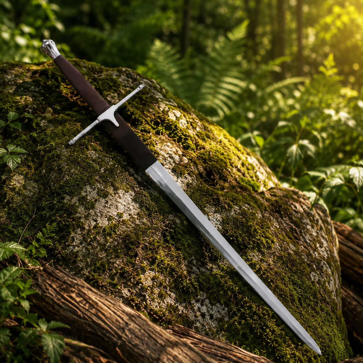 Braveheart Claymore prop replica laid flat on mossy rock outdoor display – Scottish collectible