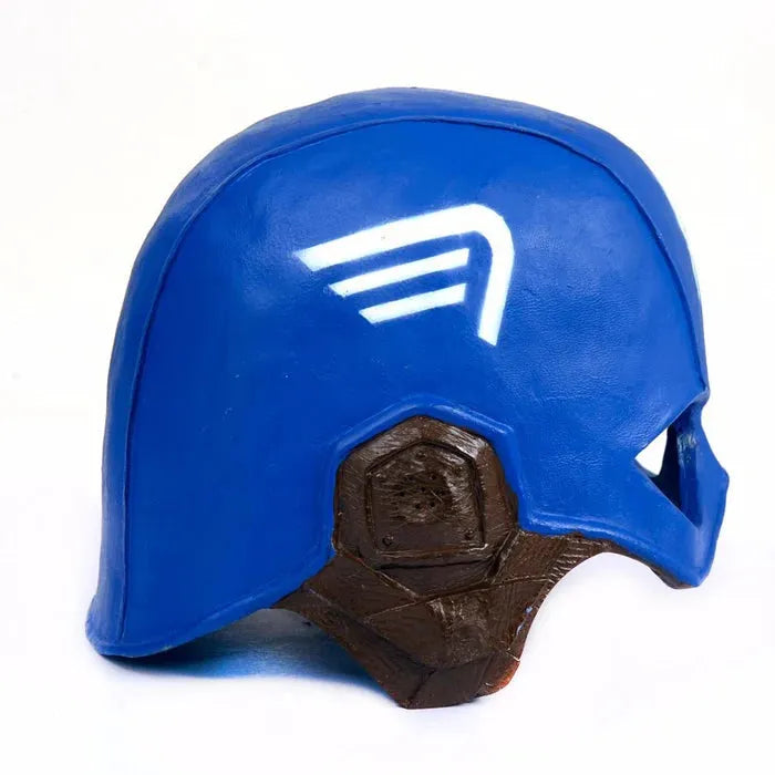 Winged design and metallic accents close-up on Captain America helmet