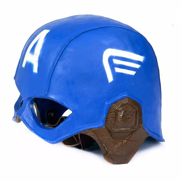Winged design and metallic accents close-up on Captain America helmet